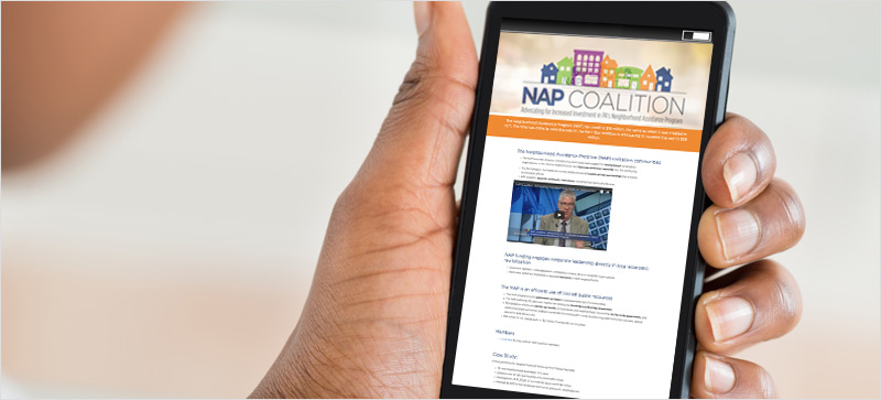 Graphic of the Neighborhood Assistance Program (NAP) website on a mobile device