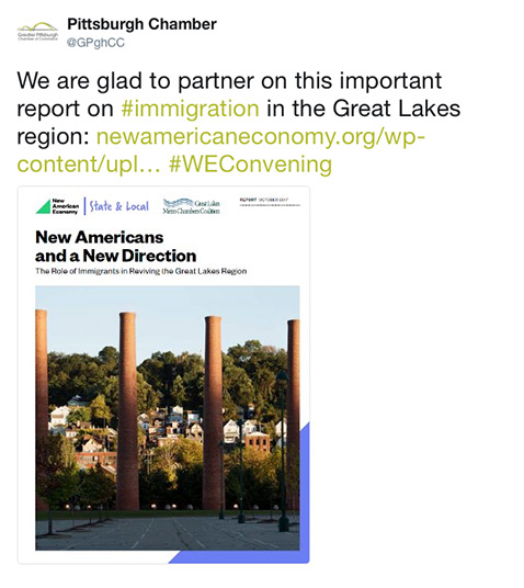 Greater Pittsburgh Chamber of Commerce Quote on Partnership of Great Lakes Metro Chambers Coalition on Immigration Tweet Screenshot