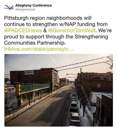 Neighborhood Assistance Program (NAP) Tweet Screenshot from the Allegheny Conference